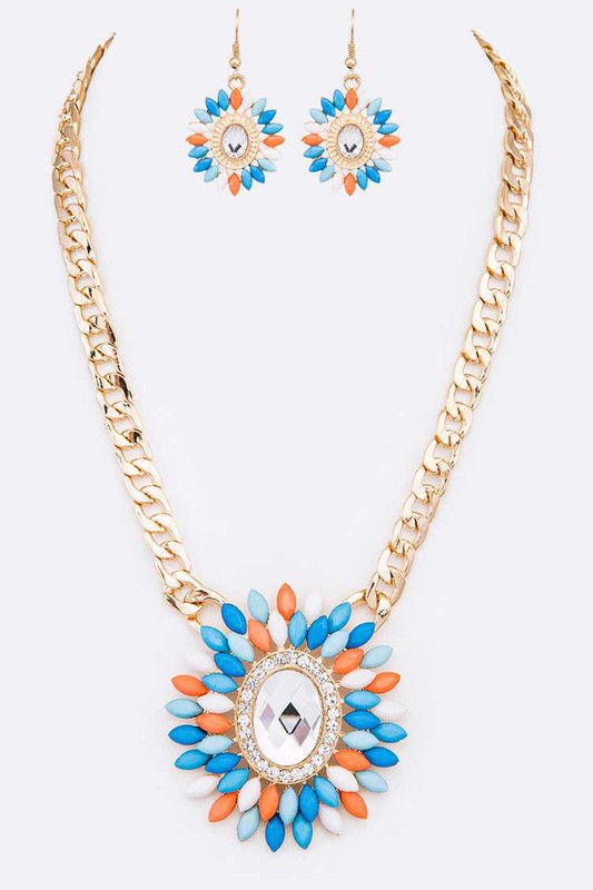 Crystal Flower Pendant Necklace Set