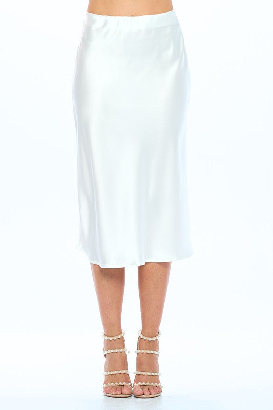 Made in USA Solid Stretch Satin Midi Skirt