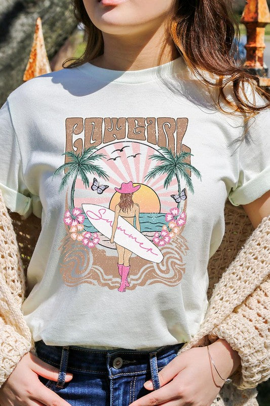 Western Cowgirl Surfer Beach Graphic T Shirts
