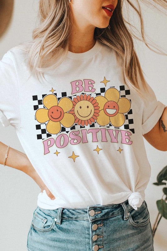 BE POSITIVE HAPPY FACE FLOWERS Graphic Tee